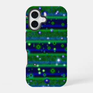 Coque iPhone 16 Bleu vert rayures avec étoiles et Raindrops