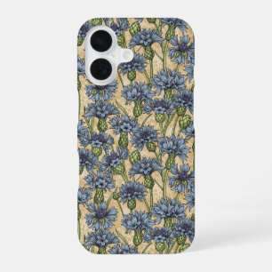 Coque iPhone 16 Bleus bleuets, fleurs sauvages sur fond jaune miel