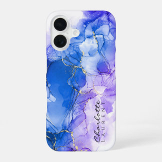 Coque iPhone 16 Blue Amethyst Gold Alcohol Encre personnalisable