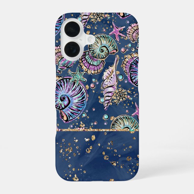 Coque iPhone 16 Blue Luxe sous-marin | Coquillages d'or Pastel (Verso)