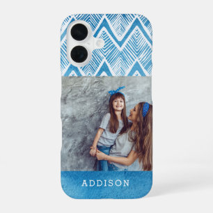 Coque iPhone 16 Boho Blue Aquarelle Chevron Photo Personnalisé