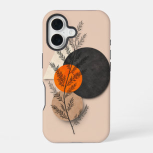 Coque iPhone 16 Boho Botanique Géométrique Orange Noir Art Neutre