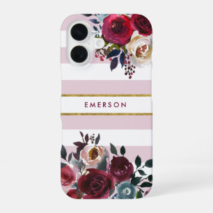 Coque iPhone 16 Boho Floral à rayures Monogramme Rose Poussiéreuse