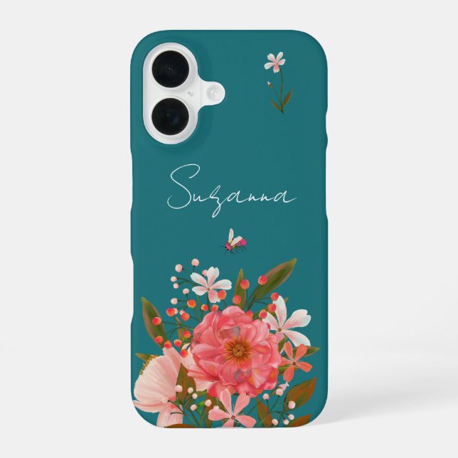 Coque iPhone 16 Boho rose floral script Personnaliser le nom (Verso)