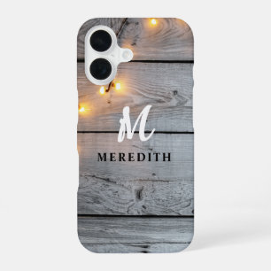 Coque iPhone 16 Bois de grange Élégance rustique Lumières à cordes