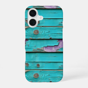 Coque iPhone 16 Bois Patiné violet et bleu turquoise