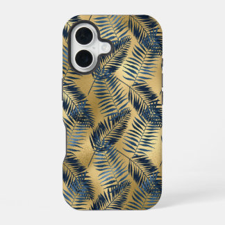 Coque iPhone 16 Boîtier iPhone 16 feuille de palmier bleu or