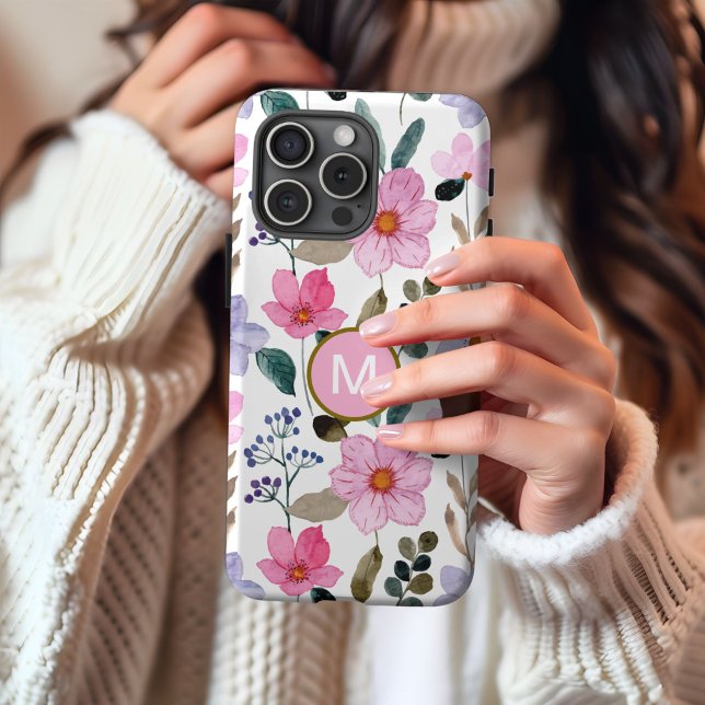 Coque iPhone 16 Boîtier iPhone à motif fleur rose Monogramme (Créateur téléchargé)