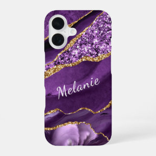 Coque iPhone 16 Boîtier iPhone Paillettes Or Violet avec Nom Perso
