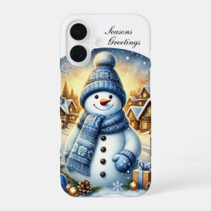 Coque iPhone 16 Bonhomme de neige bleu de Noël festif personnalisa