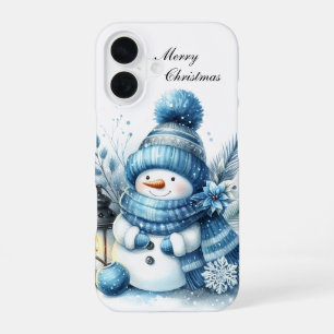 Coque iPhone 16 Bonhomme de neige bleu de Noël festif personnalisa