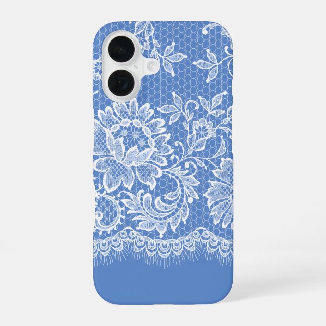 Coque iPhone 16 Bordure blanche en dentelle sur fond bleu (Verso)