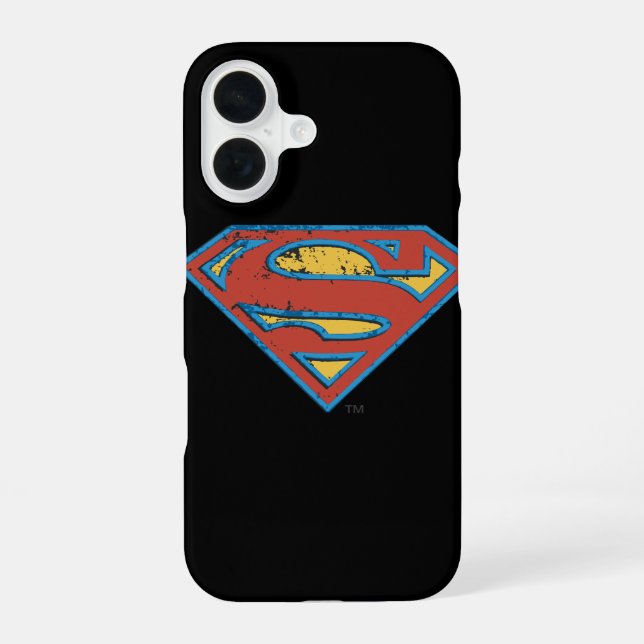 Coque iPhone 16 Bouclier S de Superman | Logo Grunge Contour Bleu (Verso)