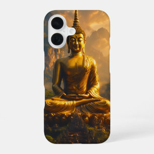 Coque iPhone 16 Bouddha assis doré sous un ciel de coucher de sole
