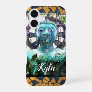 Coque iPhone 16 Bouddha Turquoise Or Mosaïque Bleue Tuile Nom Pers