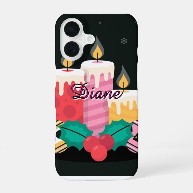 Coque iPhone 16 Bougies de Fête  ("Glowing candles, holly berries, and your name in elegant script.)