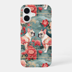 Coque iPhone 16 Bouledogue Français Fleurs Roses Pastel Vagues