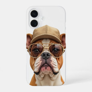 Coque iPhone 16 Bouledogue portant une casquette et des lunettes d