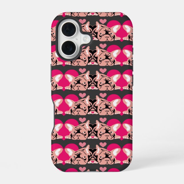 Coque iPhone 16 Bouledogues roses (Verso)