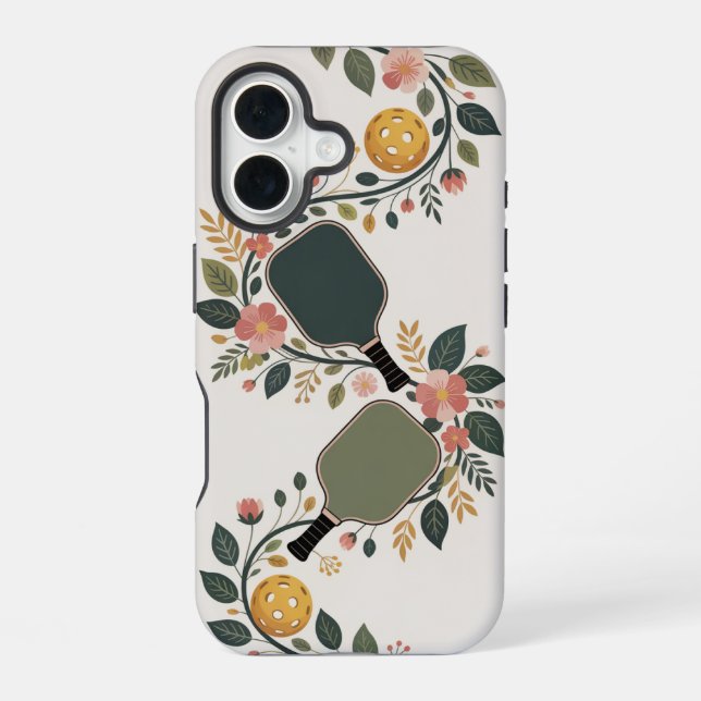 Coque iPhone 16 Bouquet de raquette de pickleball floral (Verso)