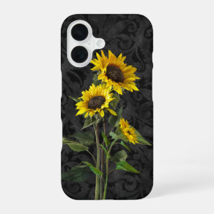 Coque iPhone 16 Bouquet De Tournesol Sur Damas Noires