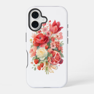 Coque iPhone 16 Bouquet floral aquarelle avec fruits et perles –
