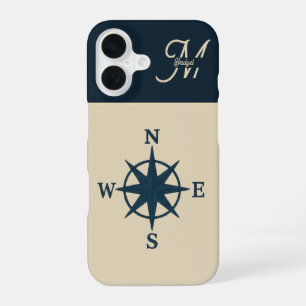 Coque iPhone 16 boussole bleu marine avec Monogram Beige Coastal