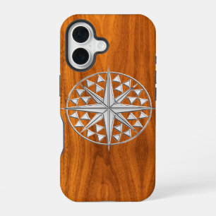 Coque iPhone 16 Boussole étoile chromée sur impression en bois de