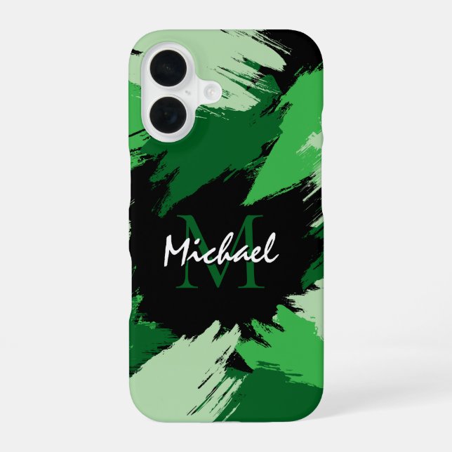 Coque iPhone 16 Brosse nuances de nom vert avec monogramme (Verso)