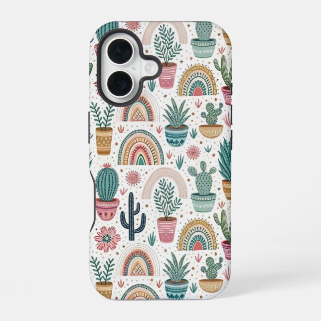 Coque iPhone 16 Cactus Pot with Plants, Flowers and Rainbows (Verso)