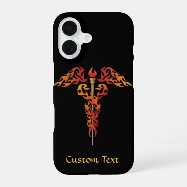 Coque iPhone 16 Caducée aux flammes (Verso)