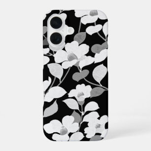 Coque iPhone 16 CAMELLIAS BLANCS NOIRS, Floral Foncé FEUILLE
