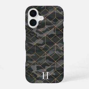 Coque iPhone 16 Camo Cool Olive Foncé & Monogramme Géométrique Or