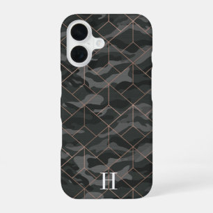 Coque iPhone 16 Camouflage Chic Vert Olive Foncé Monogramme Géomét