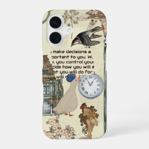 Coque iPhone 16 Canard rétro, horloge et design d'art floral