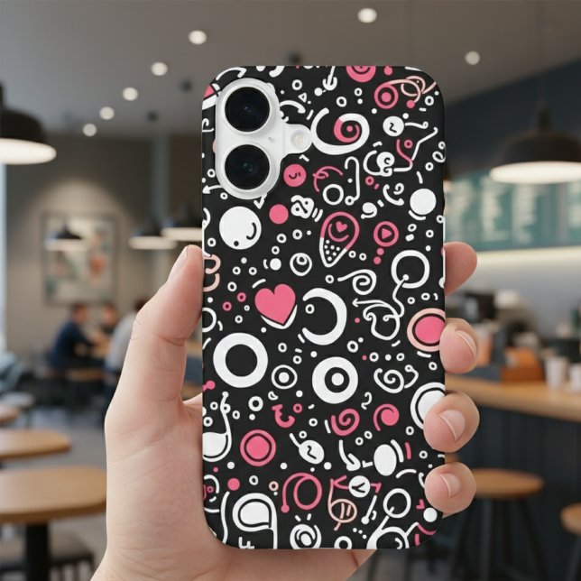 Coque iPhone 16 Caprices et Gribouillis – Cœurs et Spirales Abstra (Créateur téléchargé)