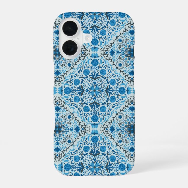 Coque iPhone 16 Carreaux floraux bleus (Verso)