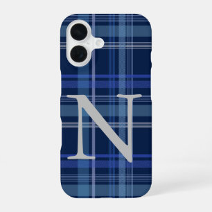Coque iPhone 16 Carreaux Tartan Bleu Marine Monogramme Rétro Migno