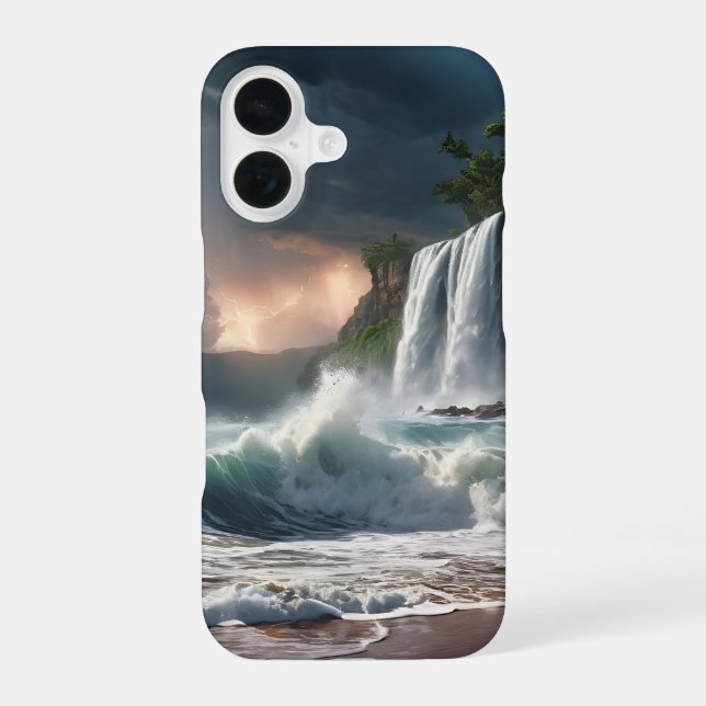 Coque iPhone 16 Cascade de foudre falaise vagues plage (Verso)