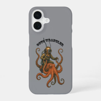 Coque iPhone 16 Casque de plongée vintage chevauchant un poulpe gé