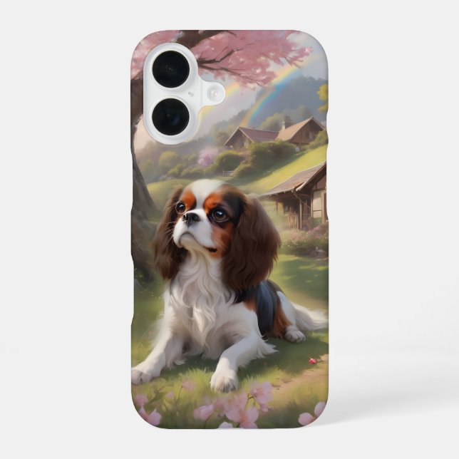 Coque iPhone 16 Cavalier King Charles Tricolor Cerry Blossoms (Verso)