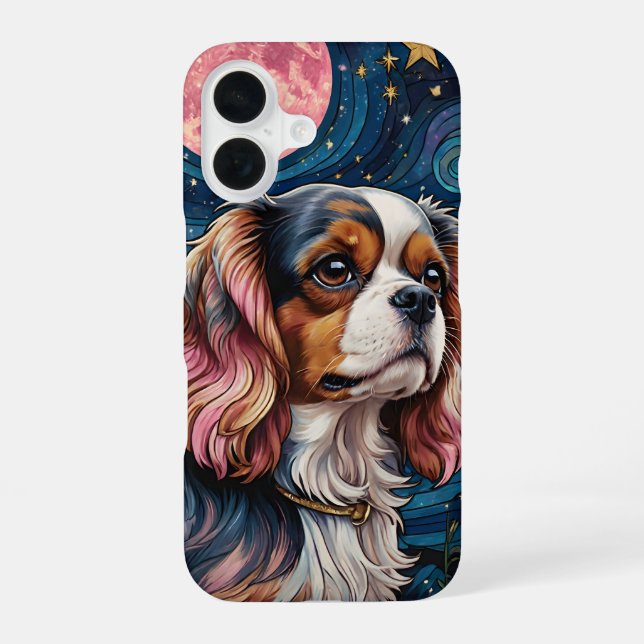 Coque iPhone 16 Cavalier King Charles Vitrail Étoiles Lune (Verso)