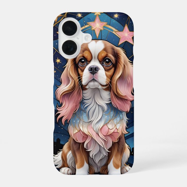 Coque iPhone 16 Cavalier Roi Charles Étoiles Vitrées Rose (Verso)