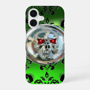 COQUE iPhone 16 CAVALIERS DE CRÂNE ÉMERAUDE VERT NOIR DAMAS GEMME