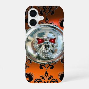 Coque iPhone 16 CAVALIERS DE CRÂNE ORANGE NOIR DAMAS GEMME Agate