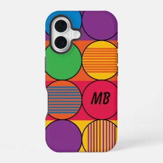 Coque iPhone 16 Cercles et bandes de couleur vive et initiales