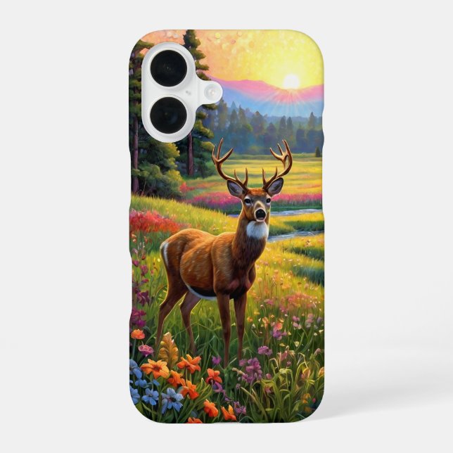 Coque iPhone 16 Cerfs dans une prairie de fleurs sauvages (Verso)