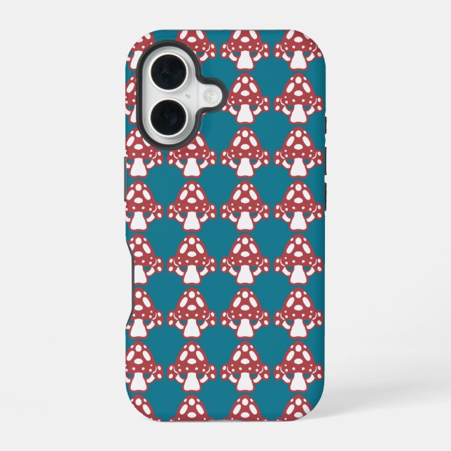 Coque iPhone 16 Champignons à points blancs Taches rouge bleu (Verso)