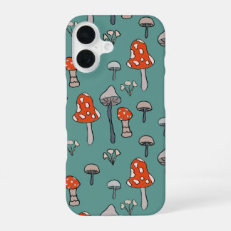 Coque iPhone 16 Champignons amusants, dessinés à la main sur fond