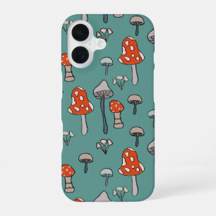 Coque iPhone 16 Champignons dessinés à la main sur un fond bleu vi